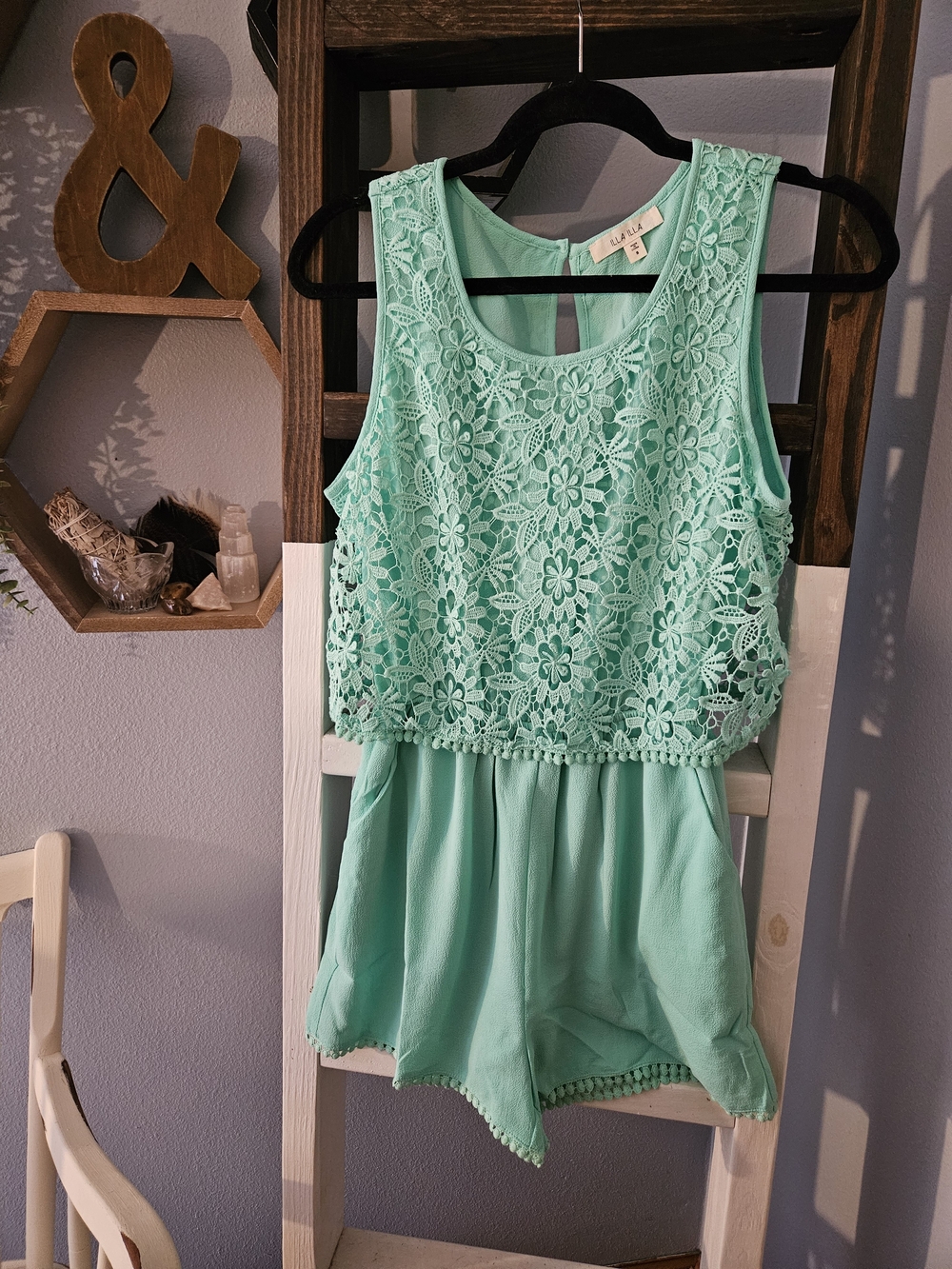 ILLA ILLA Mint Green Lace Overlay Romper Size Small